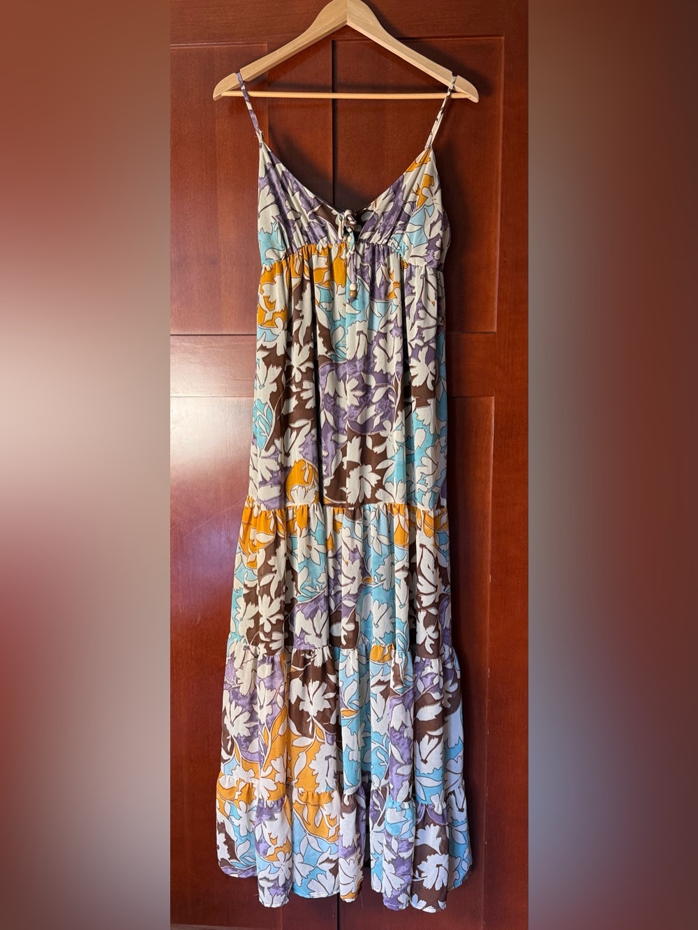 SO Earthy Floral Tiered Maxi Dress With Beaded Tie Lined Size XL
